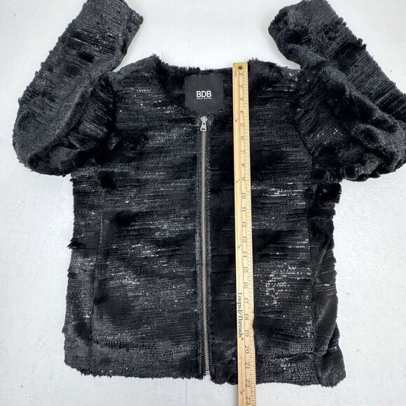 BDB David Bitton Womens Medium Black Faux Fur Sequin Jacket Full Zip Collarless - Picture 13 of 14